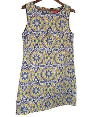 Betsey Johnson Shift Sheath Dress Sz 14 China Plate Medallion Floral Blue Yellow
